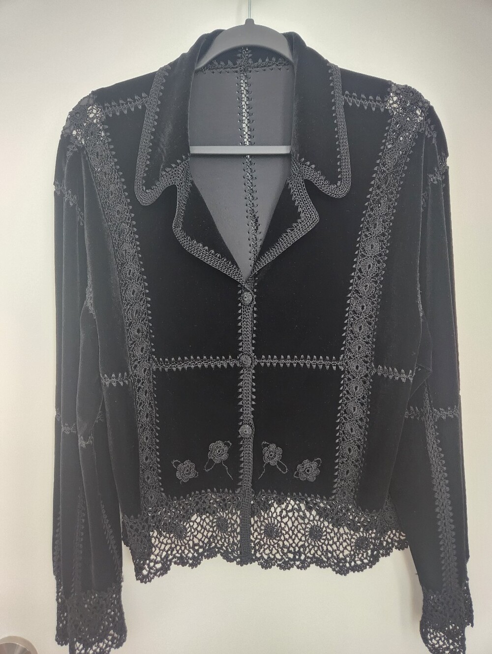 Vintage Black Velvet Crochet-Trim Button-Up Top